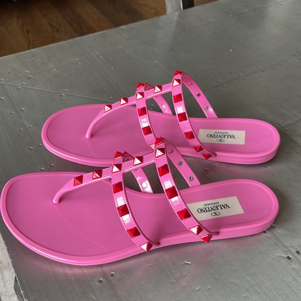 Valentino rockstud jelly pink red pvc thong sandal flat sz 37 with box - Picture 6 of 12